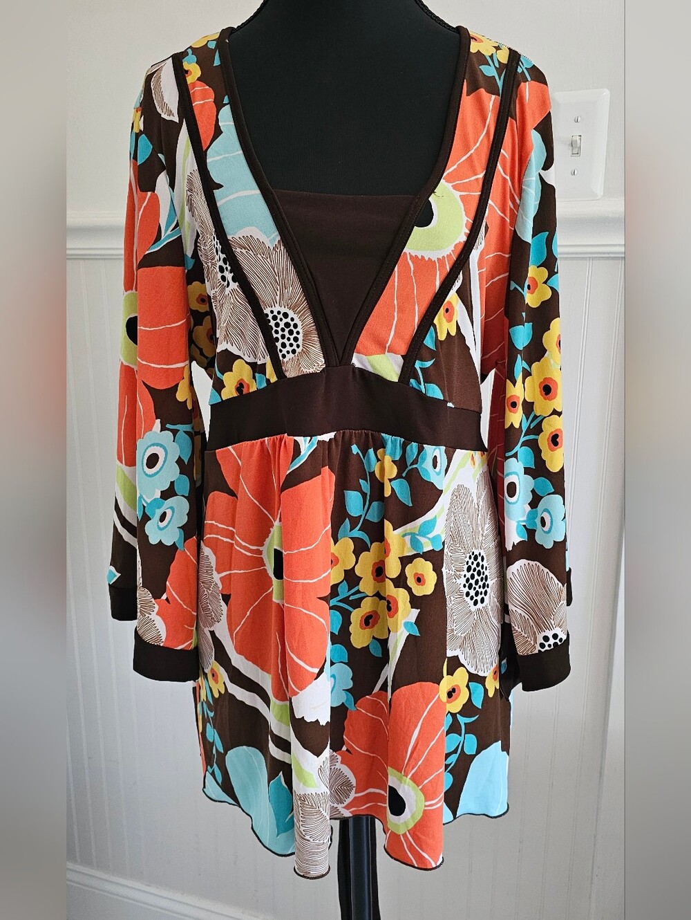 ING Brown Floral V-Neck Tunic with Orange & Aqua Blooms 2X